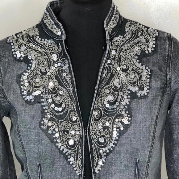 Chicos Heritage Denim‎ Beaded Jean Jacket Sz M or 1 - Picture 4 of 10